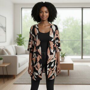 Kasper Women's Black Orange Leaf Printed 3/4 Sleeve Open Front Kimono Cover L